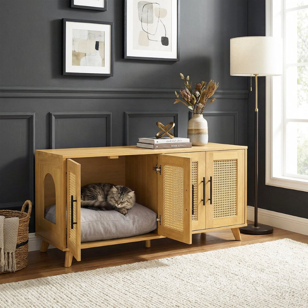 English Elm Lars Rubberwood Rattan Dog Crate Cabinet Stylish Pet Kennel for Living Room Natural N775P397559N