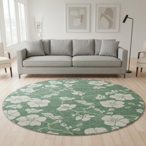 HomeRoots 8' Sage and Beige Floral Round Rug - Washable, Stain-Resistant, UV Protected for Indoor & Outdoor Use 681200