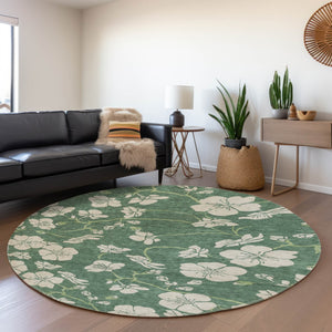 HomeRoots 8' Sage and Beige Floral Round Rug - Washable, Stain-Resistant, UV Protected for Indoor & Outdoor Use 681200