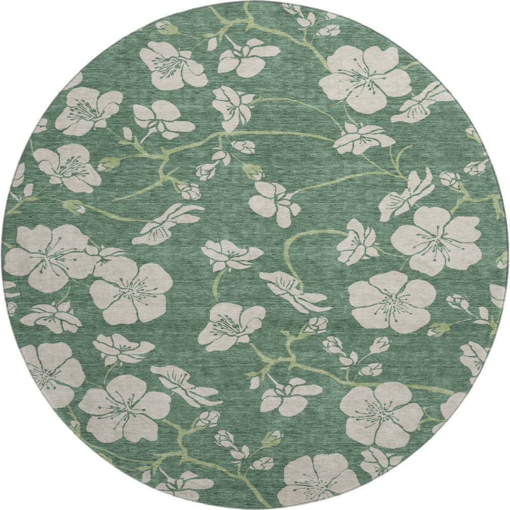 HomeRoots 8' Sage and Beige Floral Round Rug - Washable, Stain-Resistant, UV Protected for Indoor & Outdoor Use 681200