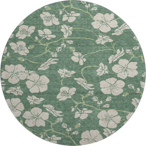 HomeRoots 8' Sage and Beige Floral Round Rug - Washable, Stain-Resistant, UV Protected for Indoor & Outdoor Use 681200