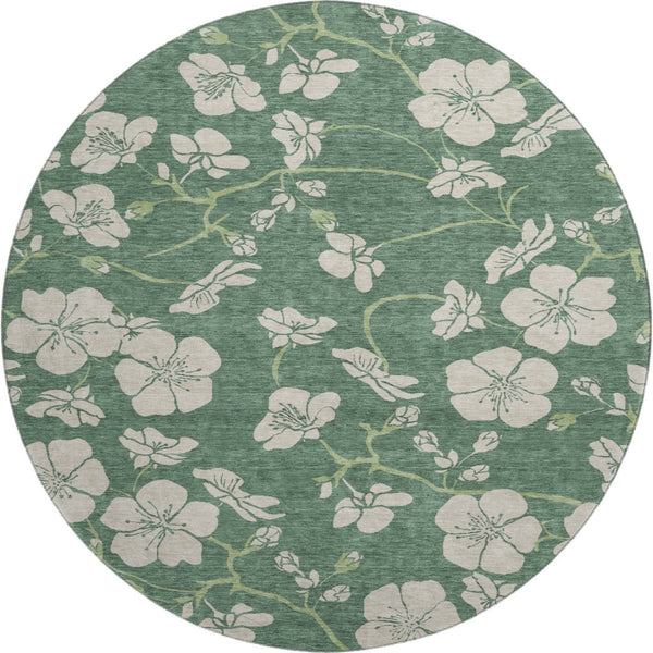 HomeRoots 8' Sage and Beige Floral Round Rug - Washable, Stain-Resistant, UV Protected for Indoor & Outdoor Use 681200