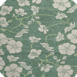 HomeRoots 8' Sage and Beige Floral Round Rug - Washable, Stain-Resistant, UV Protected for Indoor & Outdoor Use 681200