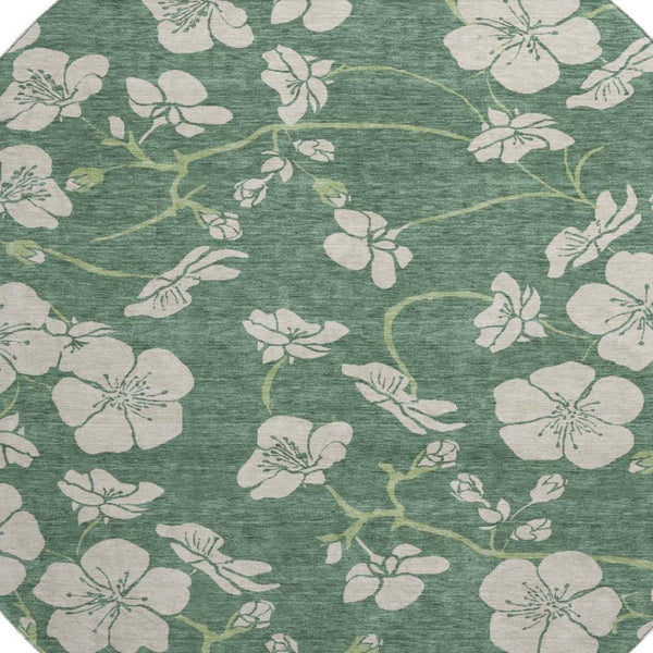 HomeRoots 8' Sage and Beige Floral Round Rug - Washable, Stain-Resistant, UV Protected for Indoor & Outdoor Use 681200