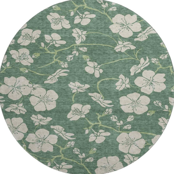 HomeRoots 8' Sage and Beige Floral Round Rug - Washable, Stain-Resistant, UV Protected for Indoor & Outdoor Use 681200