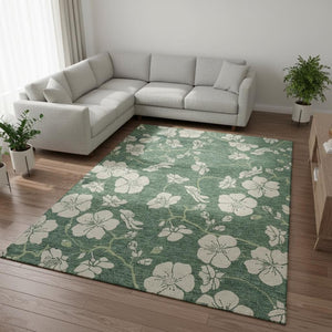 HomeRoots 8' X 10' Sage and Beige Floral Area Rug - Washable, UV-Protected, Durable Elegance for Every Room 681201