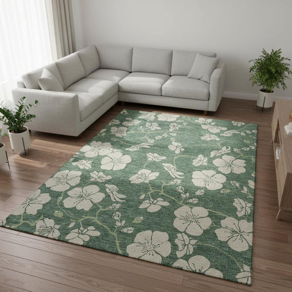 HomeRoots 8' X 10' Sage and Beige Floral Area Rug - Washable, UV-Protected, Durable Elegance for Every Room 681201