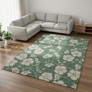 HomeRoots 9' X 12' Sage and Beige Floral Area Rug - Durable, Washable, UV-Protected for Busy Homes & Style 681202