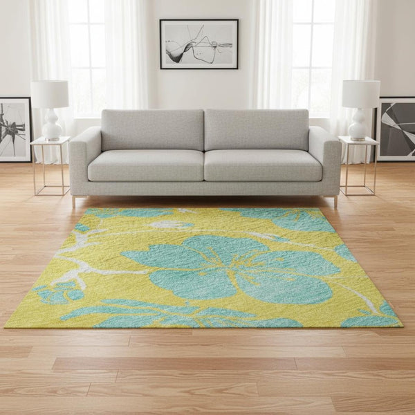 HomeRoots 5' X 8' Yellow & Aqua Floral Washable Area Rug - UV Protected, Stain Resistant, Perfect for Any Space! 681205