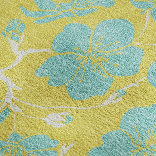 HomeRoots 5' X 8' Yellow & Aqua Floral Washable Area Rug - UV Protected, Stain Resistant, Perfect for Any Space! 681205