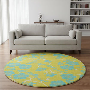 HomeRoots 8' Bright Yellow and Aqua Floral Round Rug - Washable, UV-Protected, Durable for Homes with Kids & Pets 681206