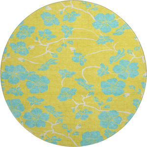 HomeRoots 8' Bright Yellow and Aqua Floral Round Rug - Washable, UV-Protected, Durable for Homes with Kids & Pets 681206