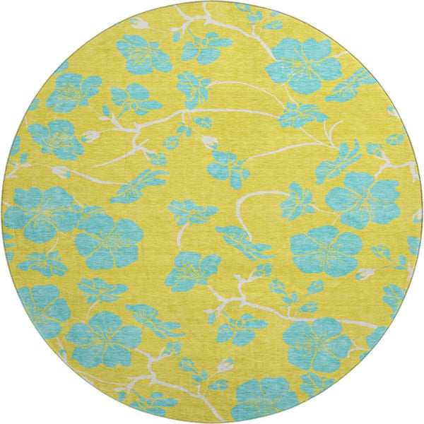 HomeRoots 8' Bright Yellow and Aqua Floral Round Rug - Washable, UV-Protected, Durable for Homes with Kids & Pets 681206