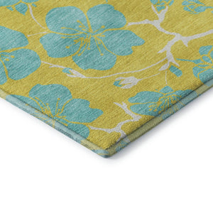 HomeRoots 8' Bright Yellow and Aqua Floral Round Rug - Washable, UV-Protected, Durable for Homes with Kids & Pets 681206