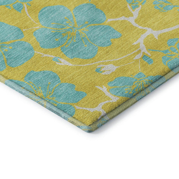 HomeRoots 8' Bright Yellow and Aqua Floral Round Rug - Washable, UV-Protected, Durable for Homes with Kids & Pets 681206
