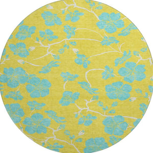 HomeRoots 8' Bright Yellow and Aqua Floral Round Rug - Washable, UV-Protected, Durable for Homes with Kids & Pets 681206