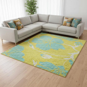HomeRoots 8' X 10' Yellow & Aqua Floral Washable Area Rug – UV Protected, Stain Resistant for Busy Homes! 681207