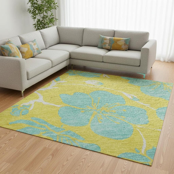 HomeRoots 9' X 12' Yellow and Aqua Floral Area Rug - Washable, UV Protected, Stain Resistant for High-Traffic Homes 681208