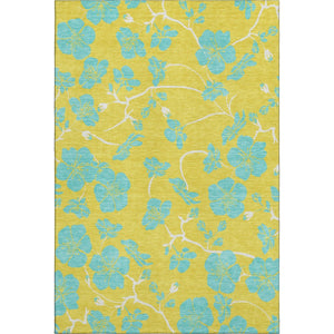HomeRoots 9' X 12' Yellow and Aqua Floral Area Rug - Washable, UV Protected, Stain Resistant for High-Traffic Homes 681208