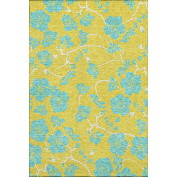 HomeRoots 9' X 12' Yellow and Aqua Floral Area Rug - Washable, UV Protected, Stain Resistant for High-Traffic Homes 681208