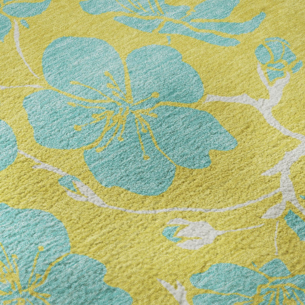 HomeRoots 9' X 12' Yellow and Aqua Floral Area Rug - Washable, UV Protected, Stain Resistant for High-Traffic Homes 681208