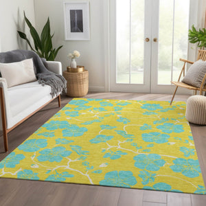 HomeRoots 9' X 12' Yellow and Aqua Floral Area Rug - Washable, UV Protected, Stain Resistant for High-Traffic Homes 681208