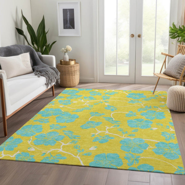 HomeRoots 9' X 12' Yellow and Aqua Floral Area Rug - Washable, UV Protected, Stain Resistant for High-Traffic Homes 681208