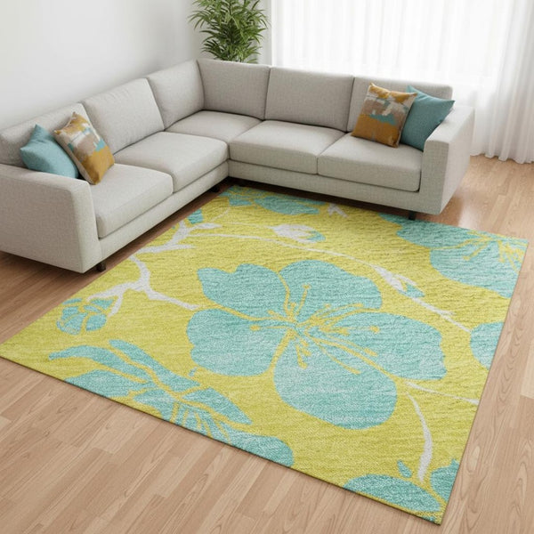 HomeRoots 10' X 14' Vibrant Yellow and Aqua Floral Area Rug - Durable, Washable, UV-Protected for Family Spaces 681209