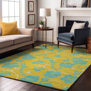 HomeRoots 10' X 14' Vibrant Yellow and Aqua Floral Area Rug - Durable, Washable, UV-Protected for Family Spaces 681209