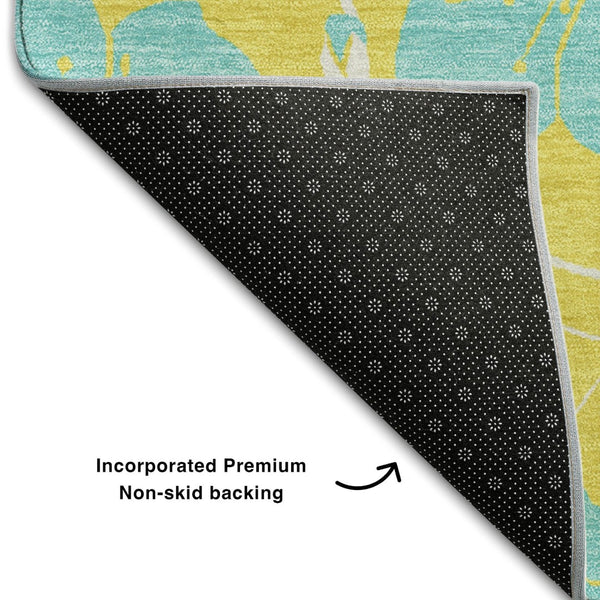 HomeRoots 10' X 14' Vibrant Yellow and Aqua Floral Area Rug - Durable, Washable, UV-Protected for Family Spaces 681209