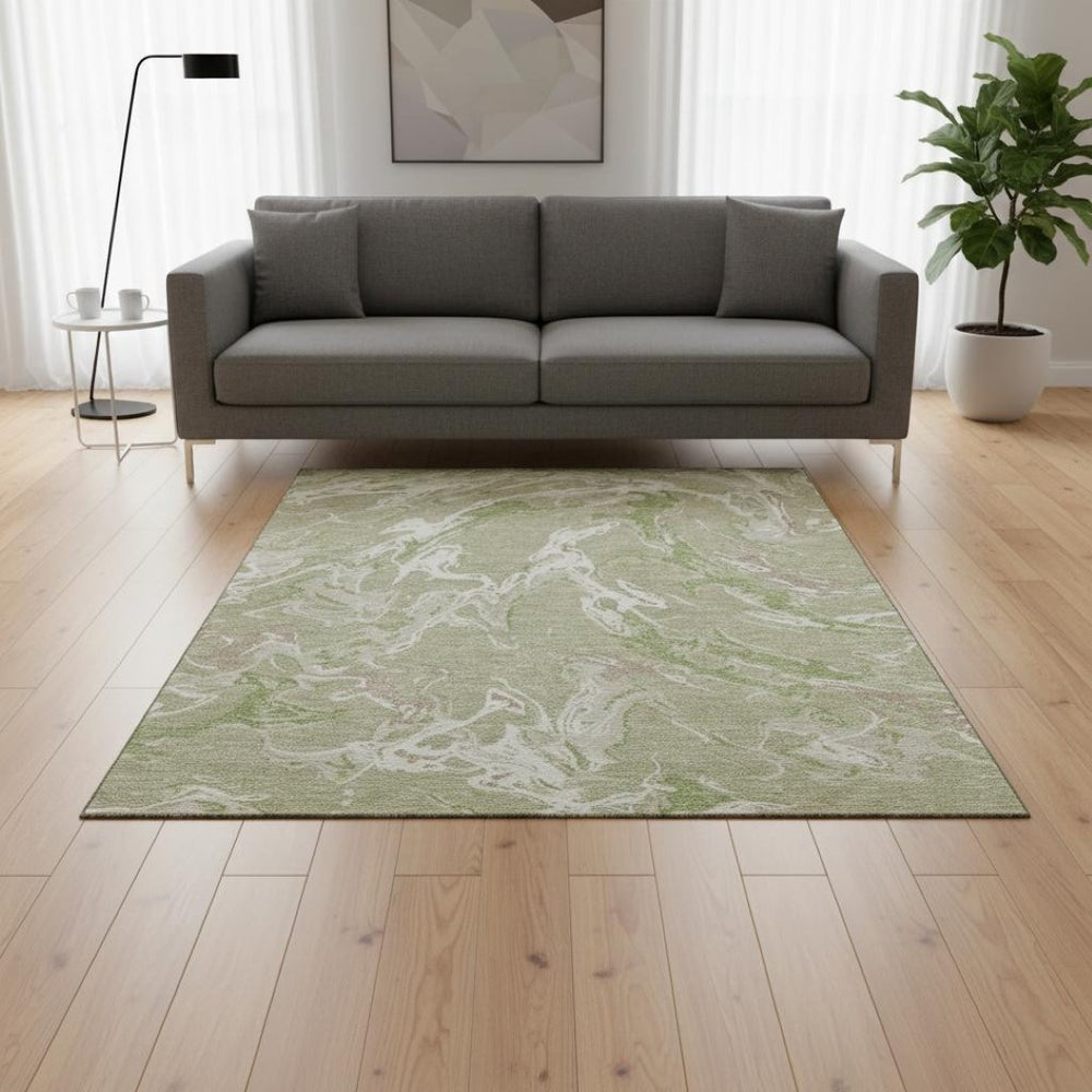 HomeRoots 5' x 8' Abstract Area Rug in Artichoke Green, Taupe & Ivory - Washable, UV Protected, Durable Comfort 681211