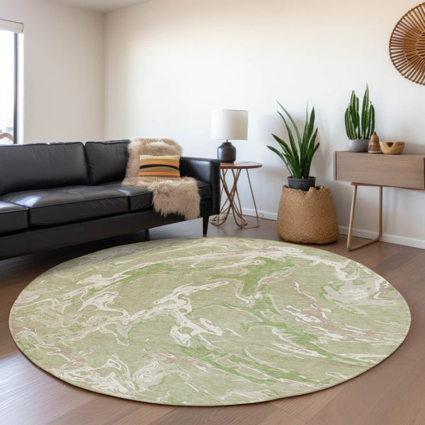 HomeRoots 8' Stylish Abstract Washable Round Rug in Artichoke Green, Taupe & Ivory - UV Protected & Durable 681212