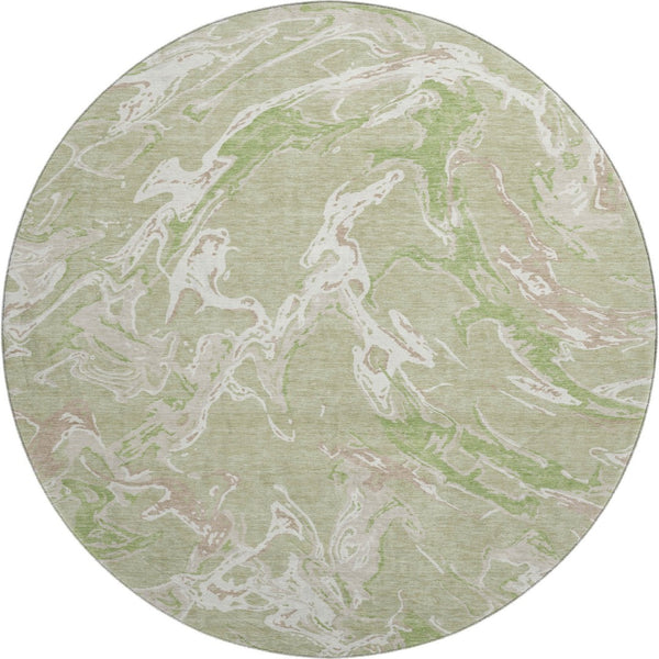 HomeRoots 8' Stylish Abstract Washable Round Rug in Artichoke Green, Taupe & Ivory - UV Protected & Durable 681212