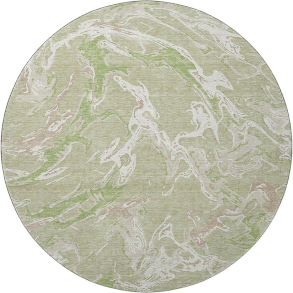 HomeRoots 8' Stylish Abstract Washable Round Rug in Artichoke Green, Taupe & Ivory - UV Protected & Durable 681212
