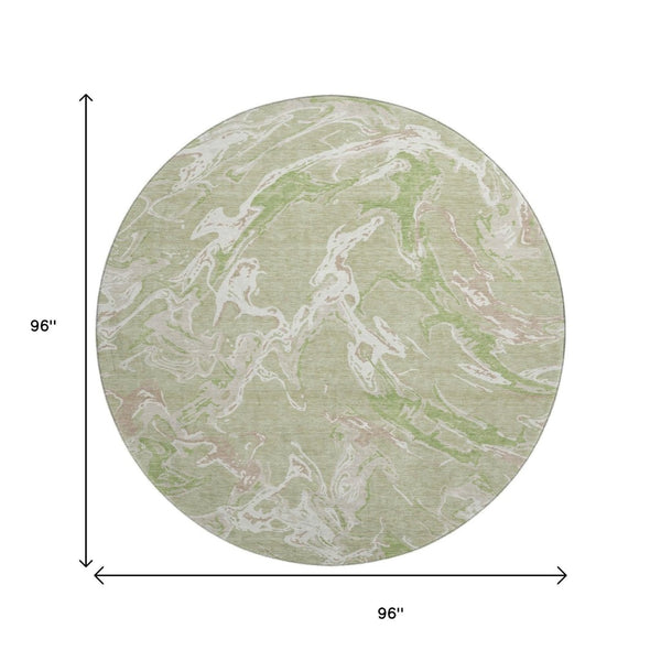 HomeRoots 8' Stylish Abstract Washable Round Rug in Artichoke Green, Taupe & Ivory - UV Protected & Durable 681212