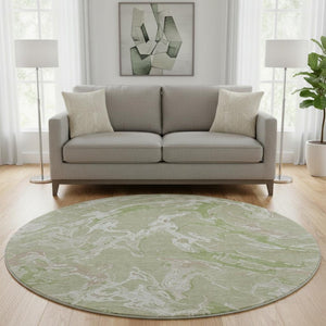 HomeRoots 8' Stylish Abstract Washable Round Rug in Artichoke Green, Taupe & Ivory - UV Protected & Durable 681212