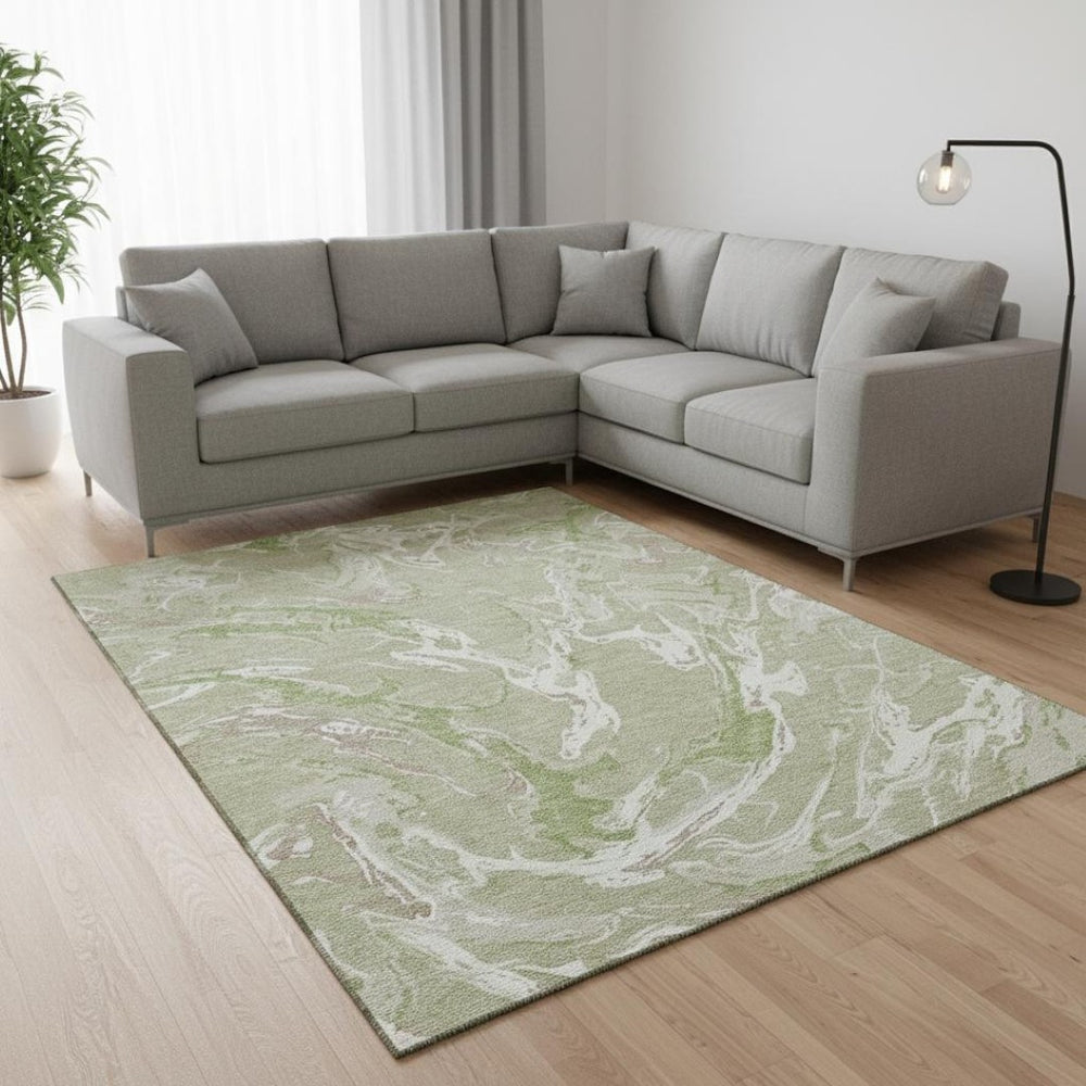 HomeRoots 9' X 12' Abstract Area Rug in Artichoke Green, Taupe & Ivory - Durable, Washable & UV Protected! 681214