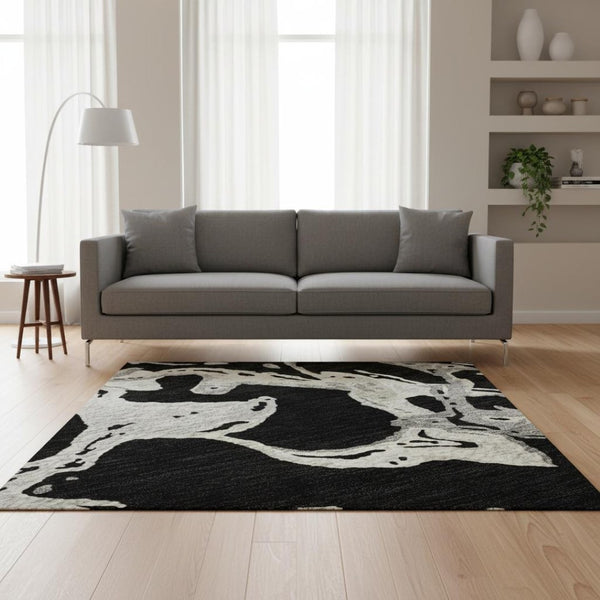 HomeRoots 5' X 8' Black Ivory Gray Abstract Area Rug - Washable, Stain-Resistant, UV Protected for Modern Spaces 681217