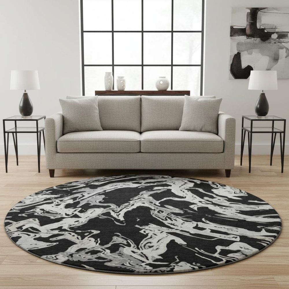 HomeRoots 8' Contemporary Black Ivory Gray Abstract Round Rug - Washable, UV Protected & Stain Resistant! 681218