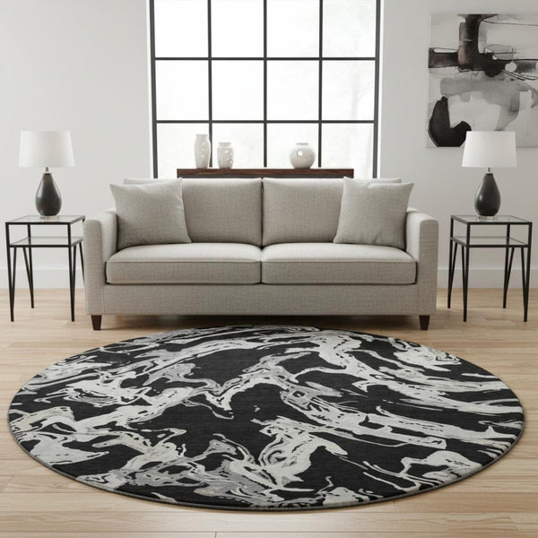 HomeRoots 8' Contemporary Black Ivory Gray Abstract Round Rug - Washable, UV Protected & Stain Resistant! 681218