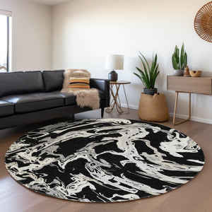 HomeRoots 8' Contemporary Black Ivory Gray Abstract Round Rug - Washable, UV Protected & Stain Resistant! 681218