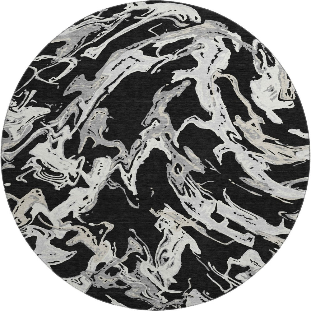 HomeRoots 8' Contemporary Black Ivory Gray Abstract Round Rug - Washable, UV Protected & Stain Resistant! 681218