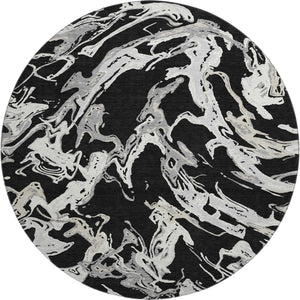 HomeRoots 8' Contemporary Black Ivory Gray Abstract Round Rug - Washable, UV Protected & Stain Resistant! 681218