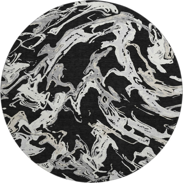 HomeRoots 8' Contemporary Black Ivory Gray Abstract Round Rug - Washable, UV Protected & Stain Resistant! 681218