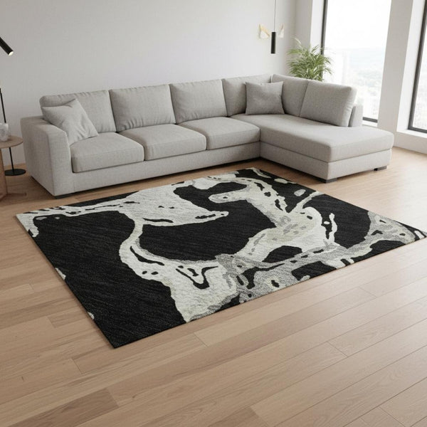 HomeRoots 8' X 10' Modern Black Ivory Gray Abstract Area Rug – Washable, Stain-Resistant & UV Protected Design 681219