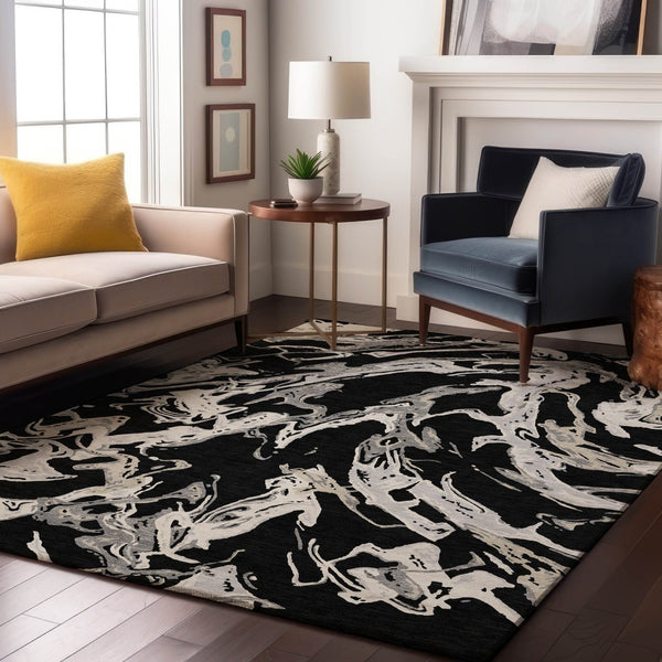 HomeRoots 8' X 10' Modern Black Ivory Gray Abstract Area Rug – Washable, Stain-Resistant & UV Protected Design 681219