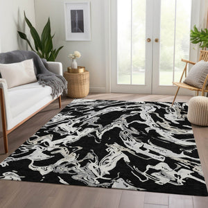 HomeRoots 8' X 10' Modern Black Ivory Gray Abstract Area Rug – Washable, Stain-Resistant & UV Protected Design 681219