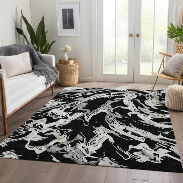 HomeRoots 8' X 10' Modern Black Ivory Gray Abstract Area Rug – Washable, Stain-Resistant & UV Protected Design 681219