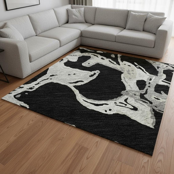 HomeRoots 9' X 12' Black Ivory Gray Abstract Washable Area Rug - Stain Resistant, UV Protected, Modern Design 681220