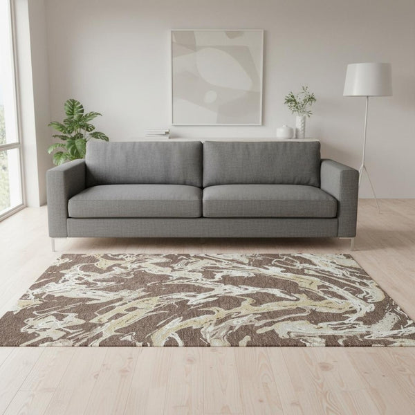 HomeRoots 5' X 8' Washable Area Rug in Brown, Ivory & Gold - Stain Resistant, UV Protected & Durable Design 681223